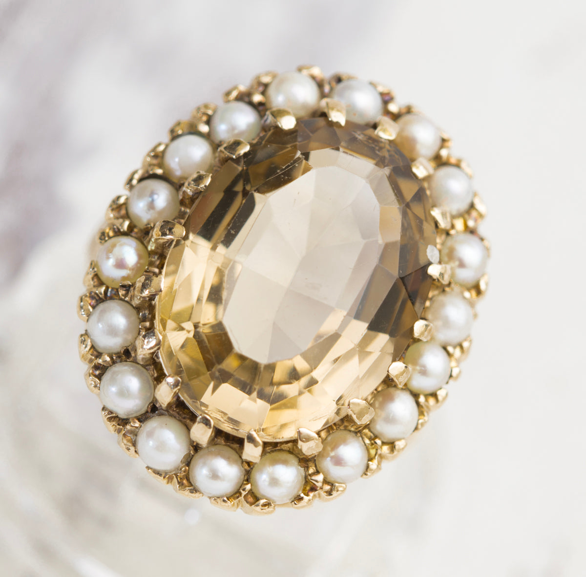 Vintage 9ct Yellow Gold 10 Carat Smoky Citrine & Cultured Pearl Dress Ring Size M (A2005)