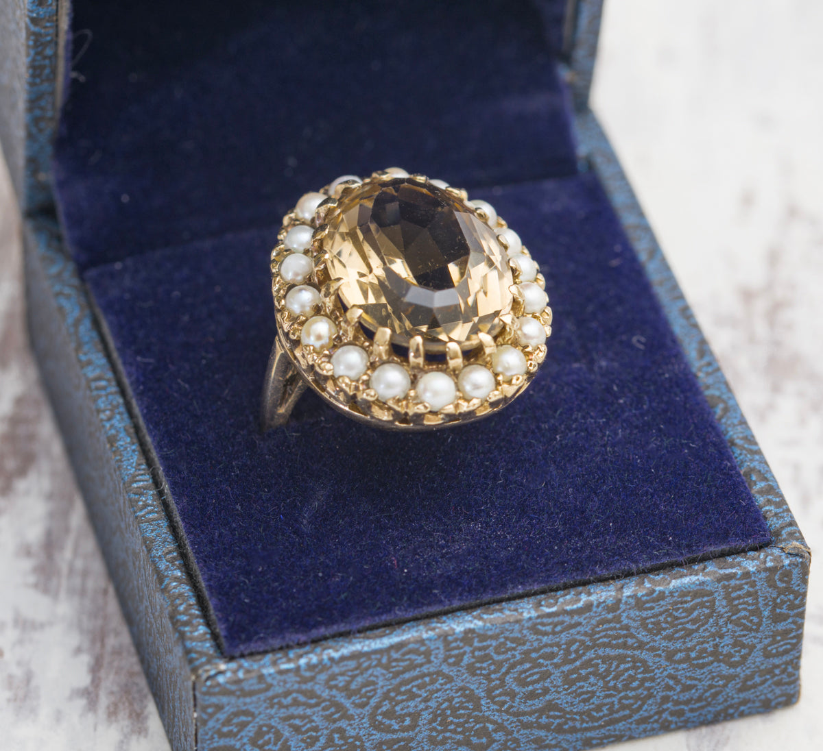 Vintage 9ct Yellow Gold 10 Carat Smoky Citrine & Cultured Pearl Dress Ring Size M (A2005)