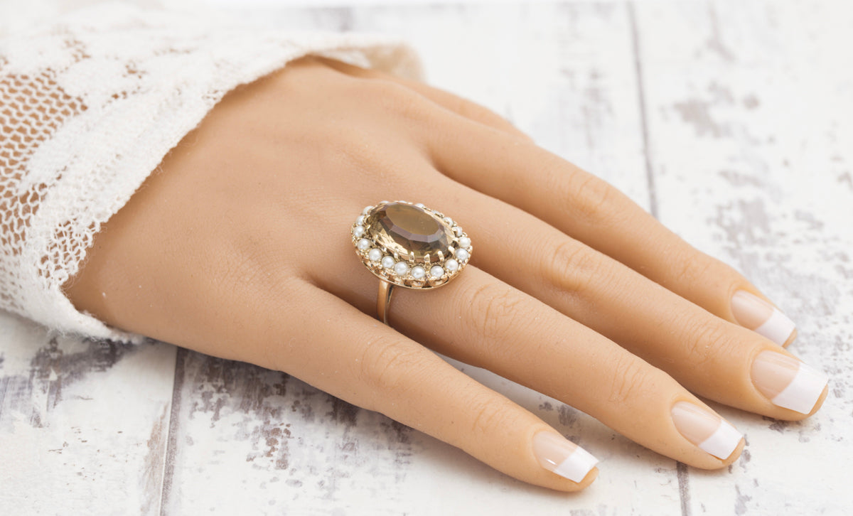 Vintage 9ct Yellow Gold 10 Carat Smoky Citrine & Cultured Pearl Dress Ring Size M (A2005)