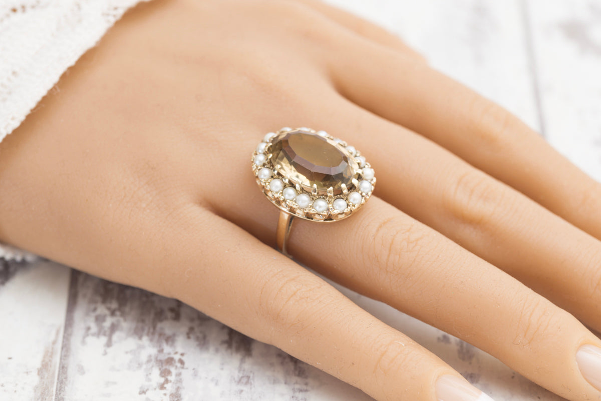 Vintage 9ct Yellow Gold 10 Carat Smoky Citrine & Cultured Pearl Dress Ring Size M (A2005)