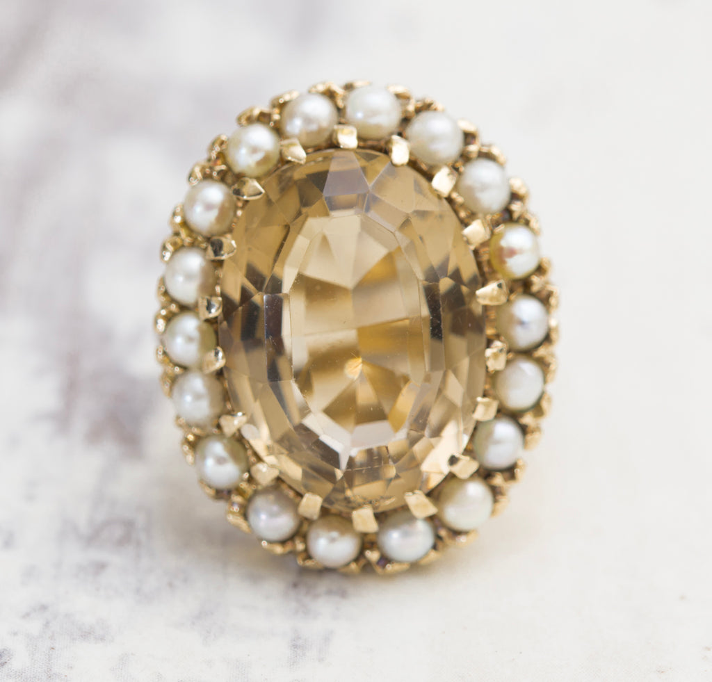 Vintage 9ct Yellow Gold 10 Carat Smoky Citrine & Cultured Pearl Dress Ring Size M (A2005)