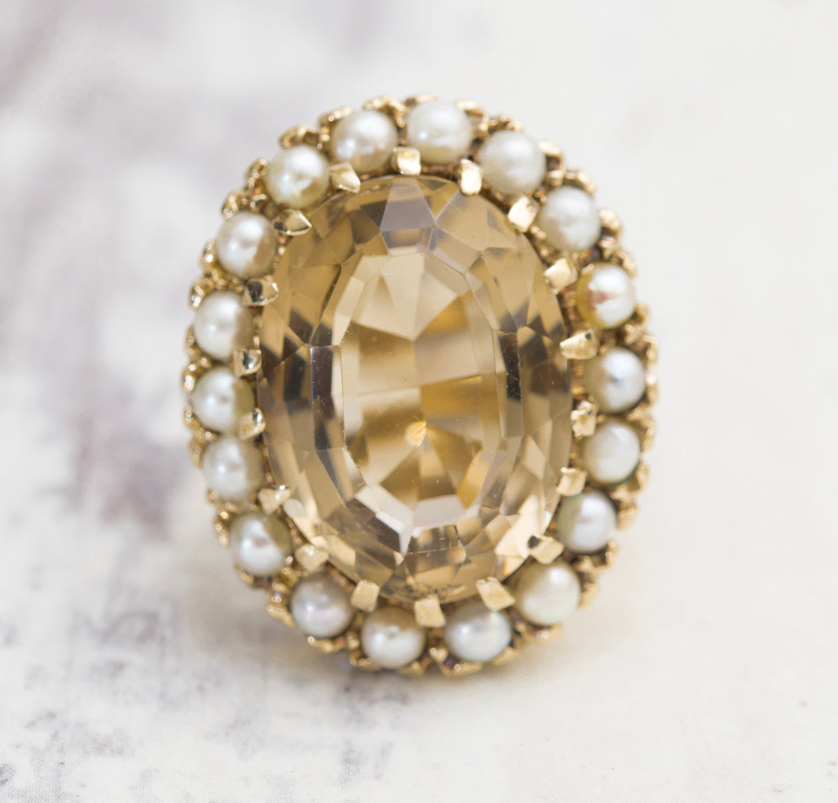 Vintage 9ct Yellow Gold 10 Carat Smoky Citrine & Cultured Pearl Dress Ring Size M (A2005)