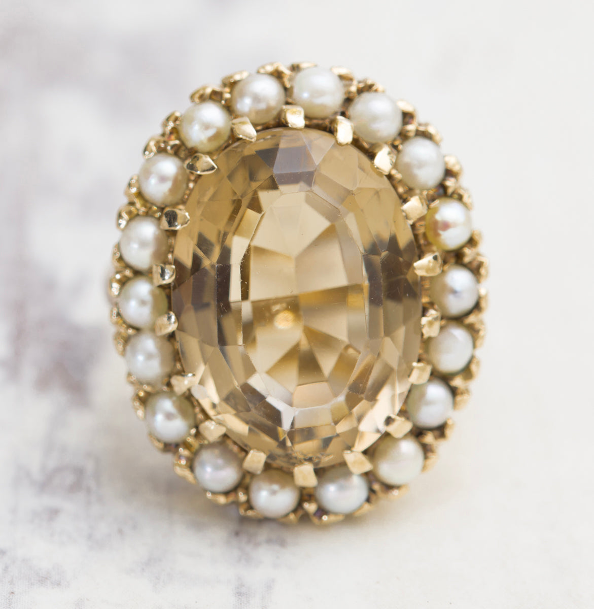 Vintage 9ct Yellow Gold 10 Carat Smoky Citrine & Cultured Pearl Dress Ring Size M (A2005)