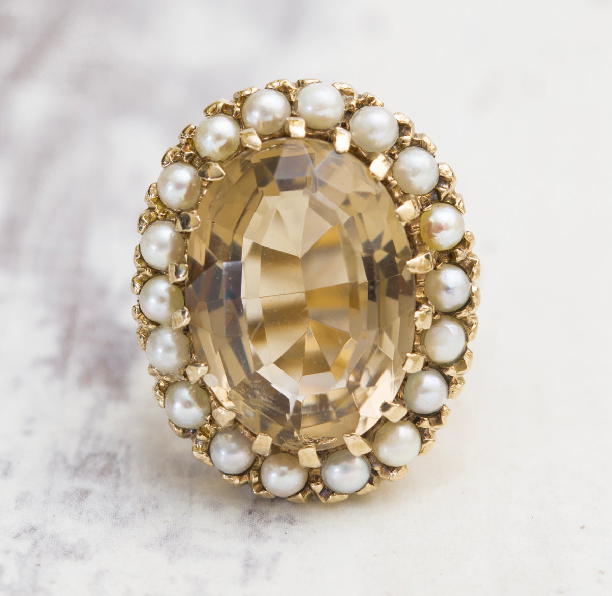 Vintage 9ct Yellow Gold 10 Carat Smoky Citrine & Cultured Pearl Dress Ring Size M (A2005)