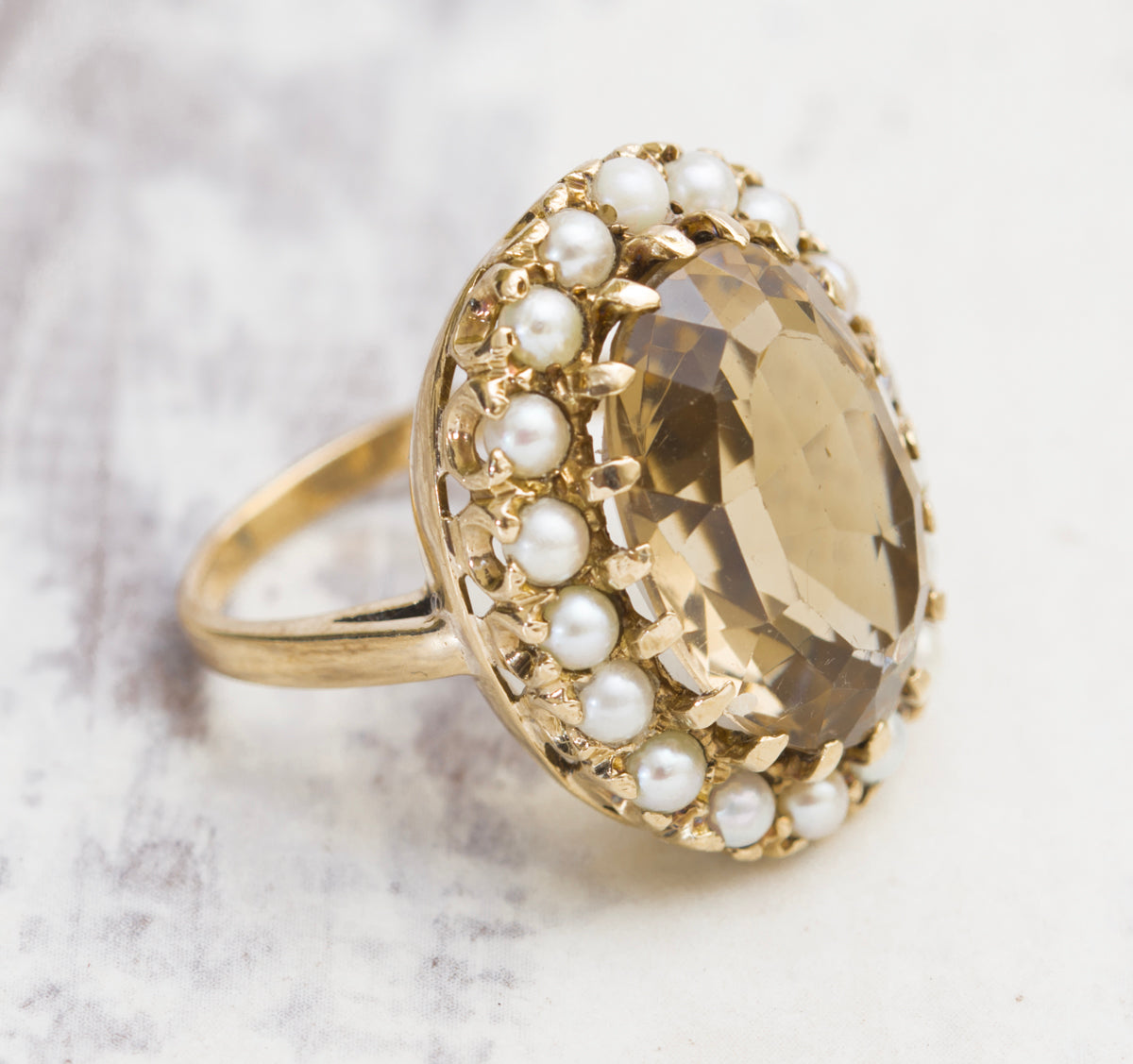 Vintage 9ct Yellow Gold 10 Carat Smoky Citrine & Cultured Pearl Dress Ring Size M (A2005)