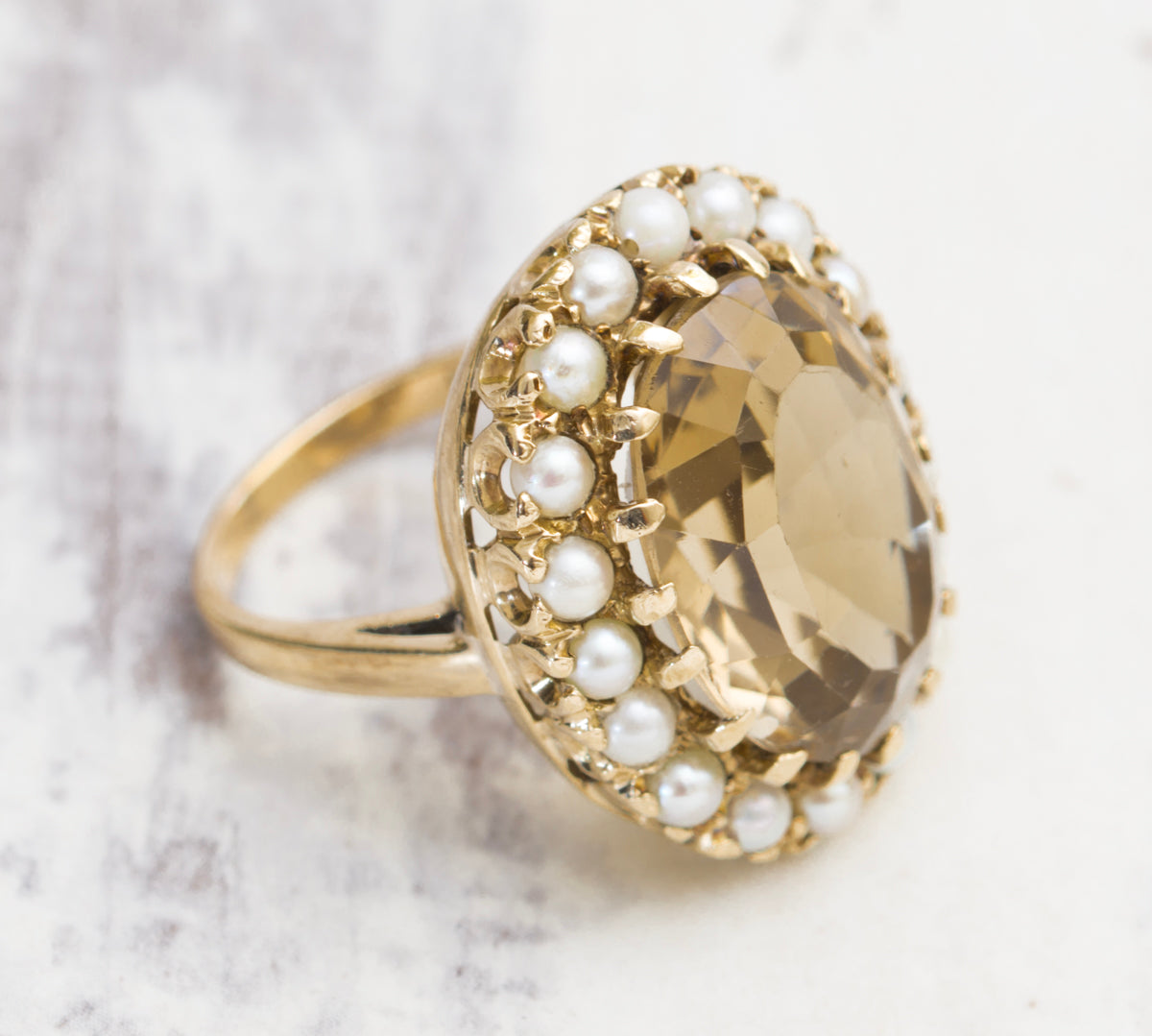 Vintage 9ct Yellow Gold 10 Carat Smoky Citrine & Cultured Pearl Dress Ring Size M (A2005)