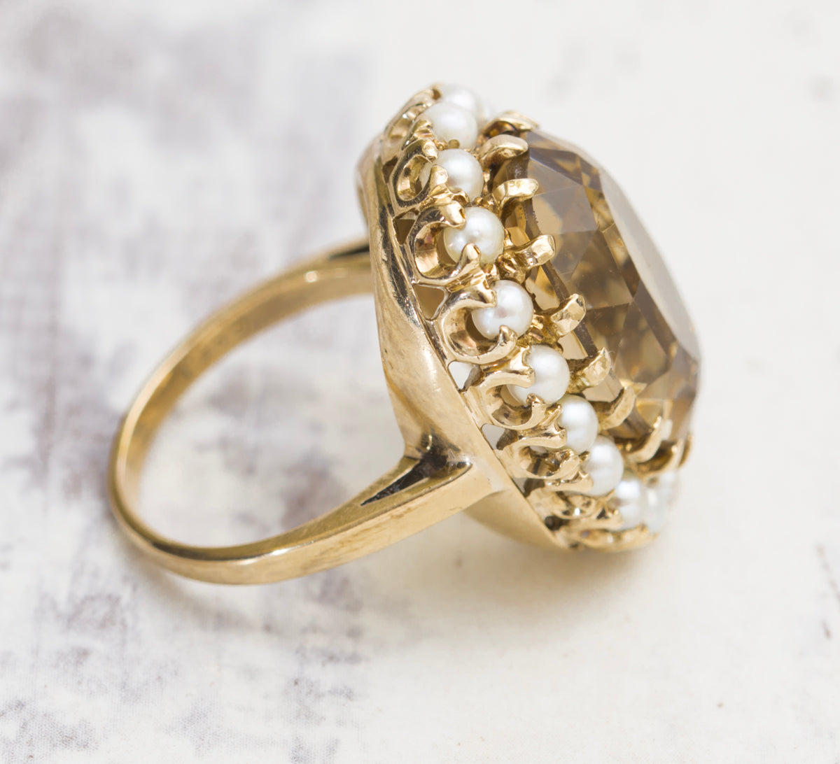 Vintage 9ct Yellow Gold 10 Carat Smoky Citrine & Cultured Pearl Dress Ring Size M (A2005)