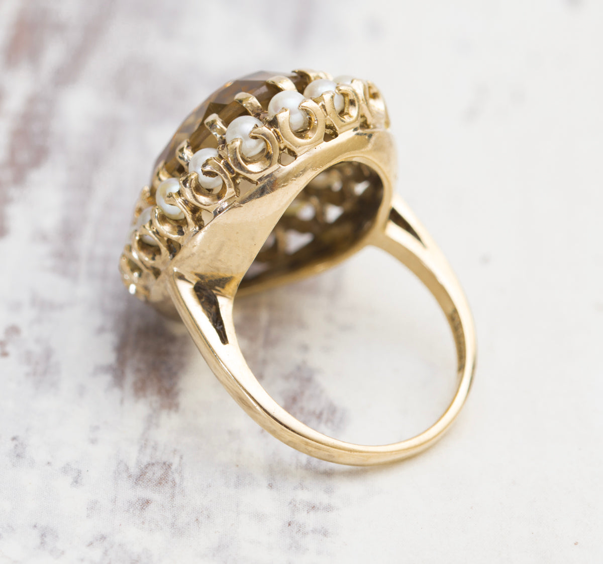 Vintage 9ct Yellow Gold 10 Carat Smoky Citrine & Cultured Pearl Dress Ring Size M (A2005)