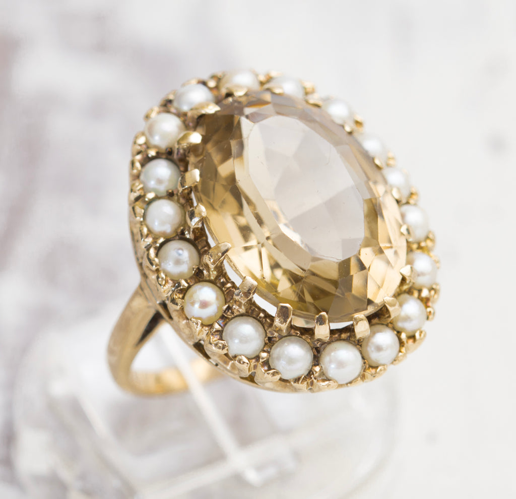Vintage 9ct Yellow Gold 10 Carat Smoky Citrine & Cultured Pearl Dress Ring Size M (A2005)