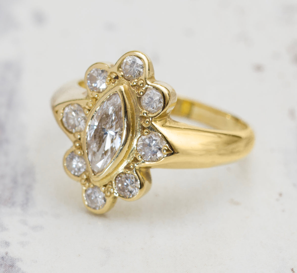 Vintage 18ct Yellow Gold Ring With Marquise Diamond & Halo 0.82 tcw (A2013)