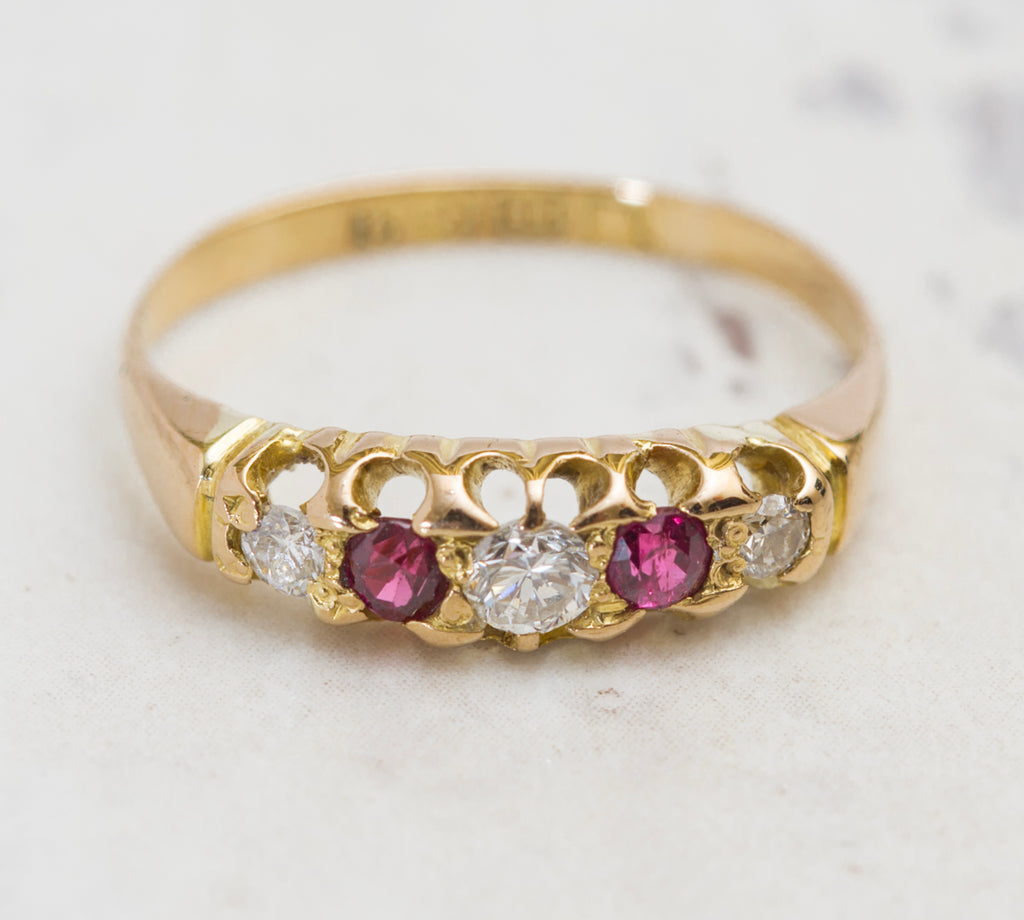 Antique 18ct Yellow Gold Ring 5 Stone Natural Diamond & Ruby Birmingham Hallmark Size L (A2021)