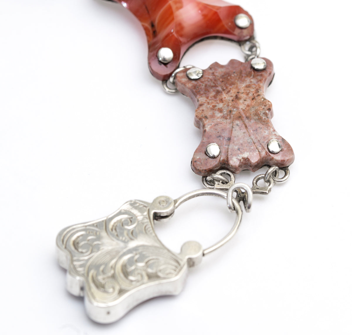 Antique Scottish Carved Agate Panel Bracelet Silver Mounts & Padlock Closure (A2027)
