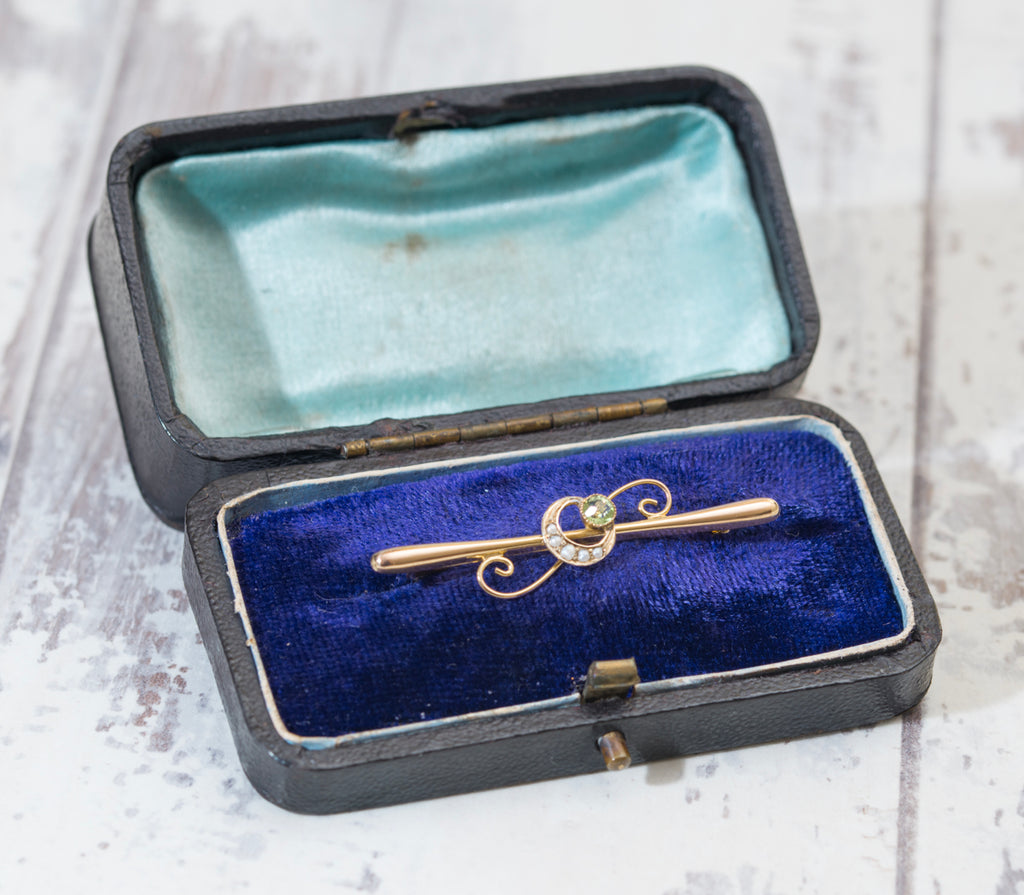 Antique 9ct Yellow Gold Bar Brooch Crescent Moon & Star Seed Pearls - Boxed (A2036)