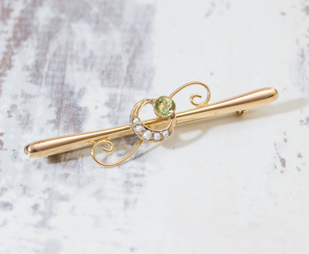 Antique 9ct Yellow Gold Bar Brooch Crescent Moon & Star Seed Pearls - Boxed (A2036)