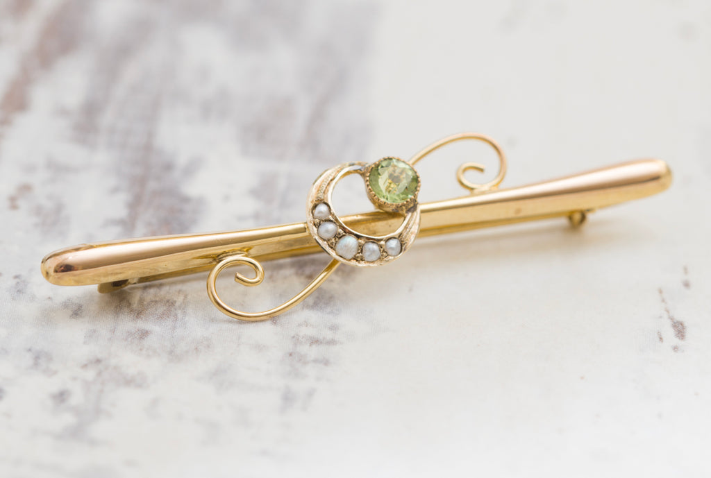 Antique 9ct Yellow Gold Bar Brooch Crescent Moon & Star Seed Pearls - Boxed (A2036)