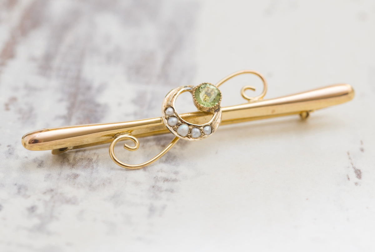 Antique 9ct Yellow Gold Bar Brooch Crescent Moon & Star Seed Pearls - Boxed (A2036)