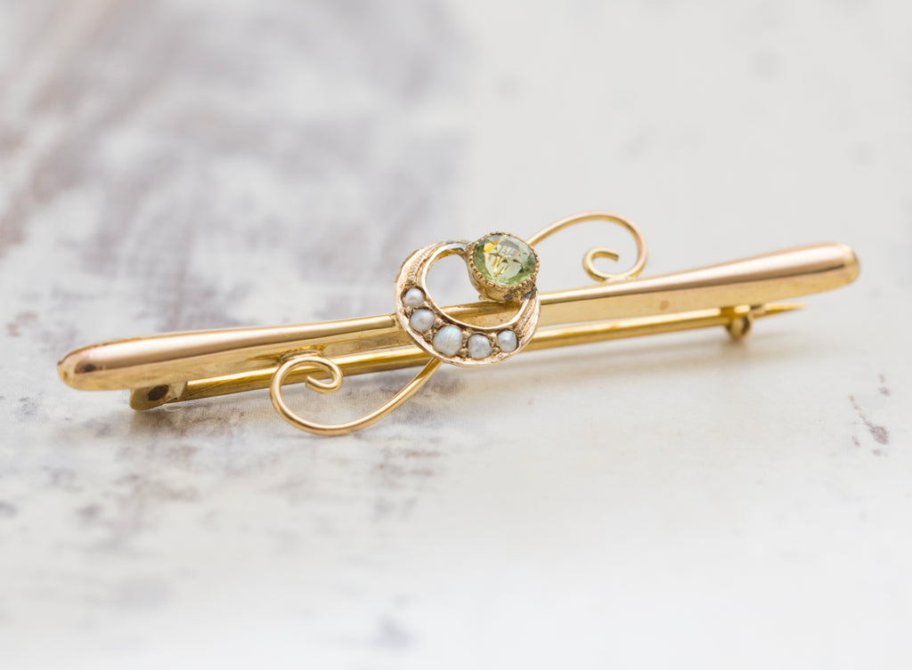 Antique 9ct Yellow Gold Bar Brooch Crescent Moon & Star Seed Pearls - Boxed (A2036)