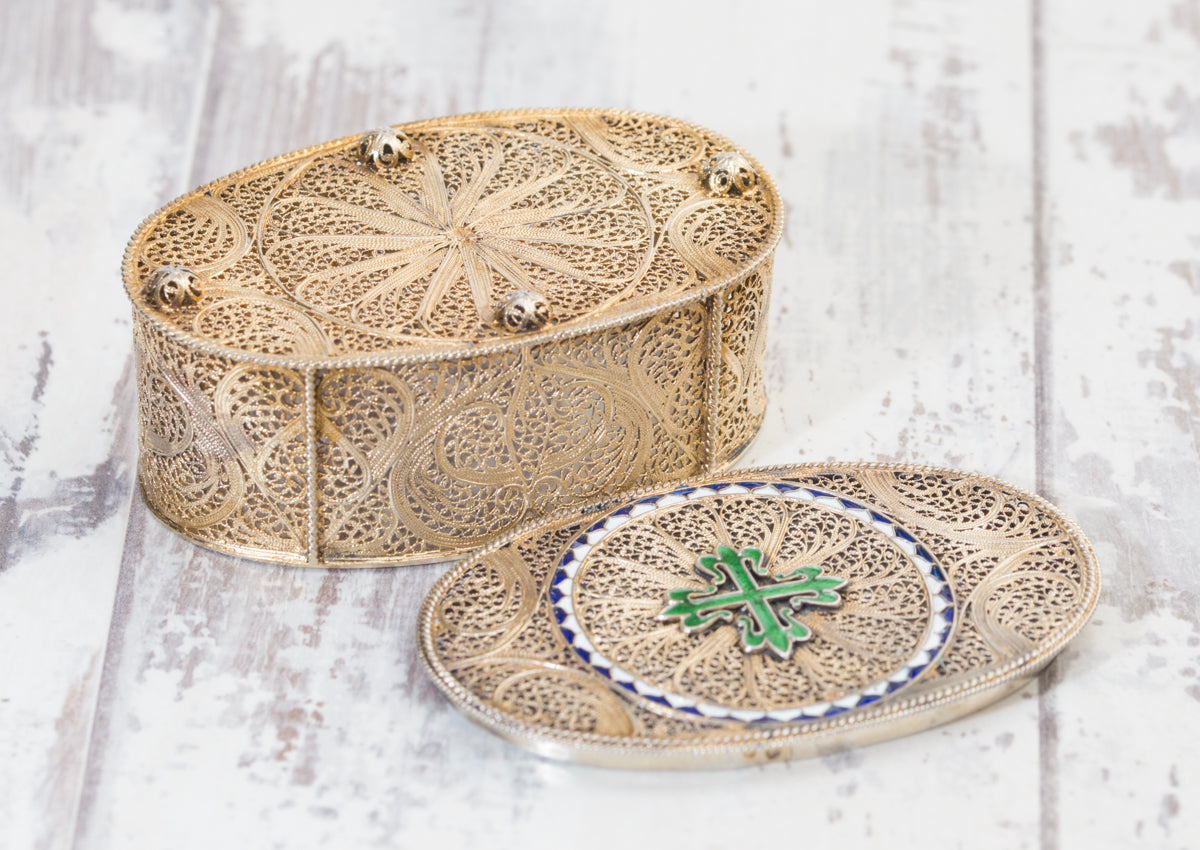 Exquisite Antique Silver Gilt .830 Filigree & Enamel Jewel Box Portugal (A2041)