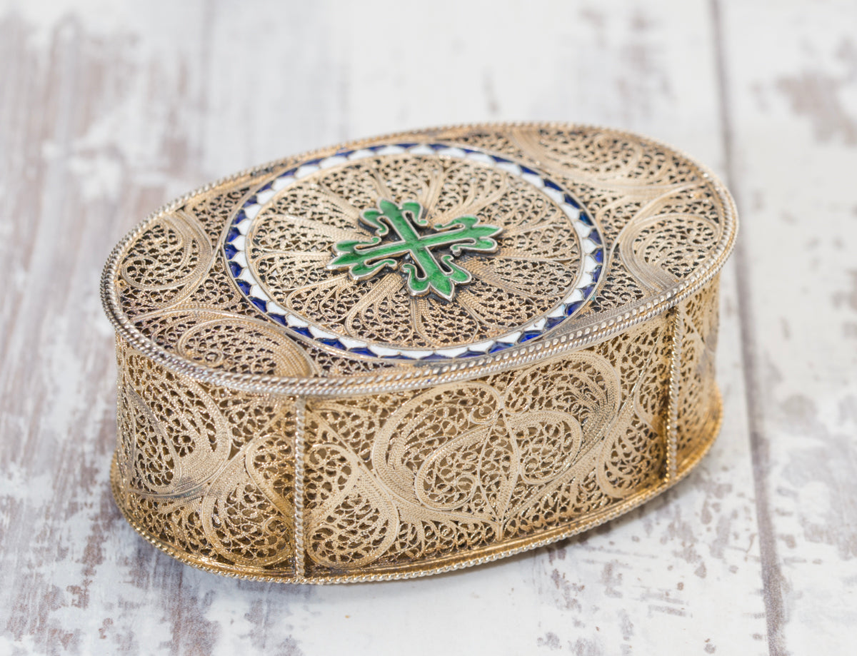 Exquisite Antique Silver Gilt .830 Filigree & Enamel Jewel Box Portugal (A2041)