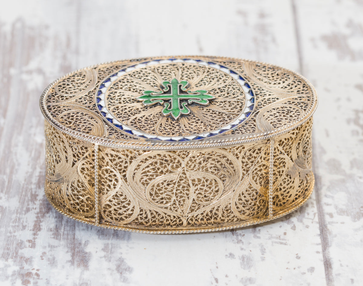 Exquisite Antique Silver Gilt .830 Filigree & Enamel Jewel Box Portugal (A2041)