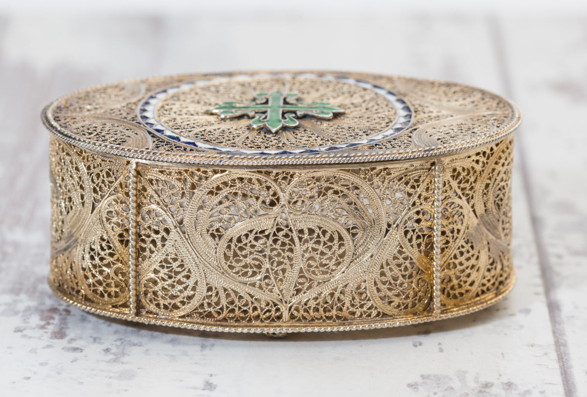 Exquisite Antique Silver Gilt .830 Filigree & Enamel Jewel Box Portugal (A2041)