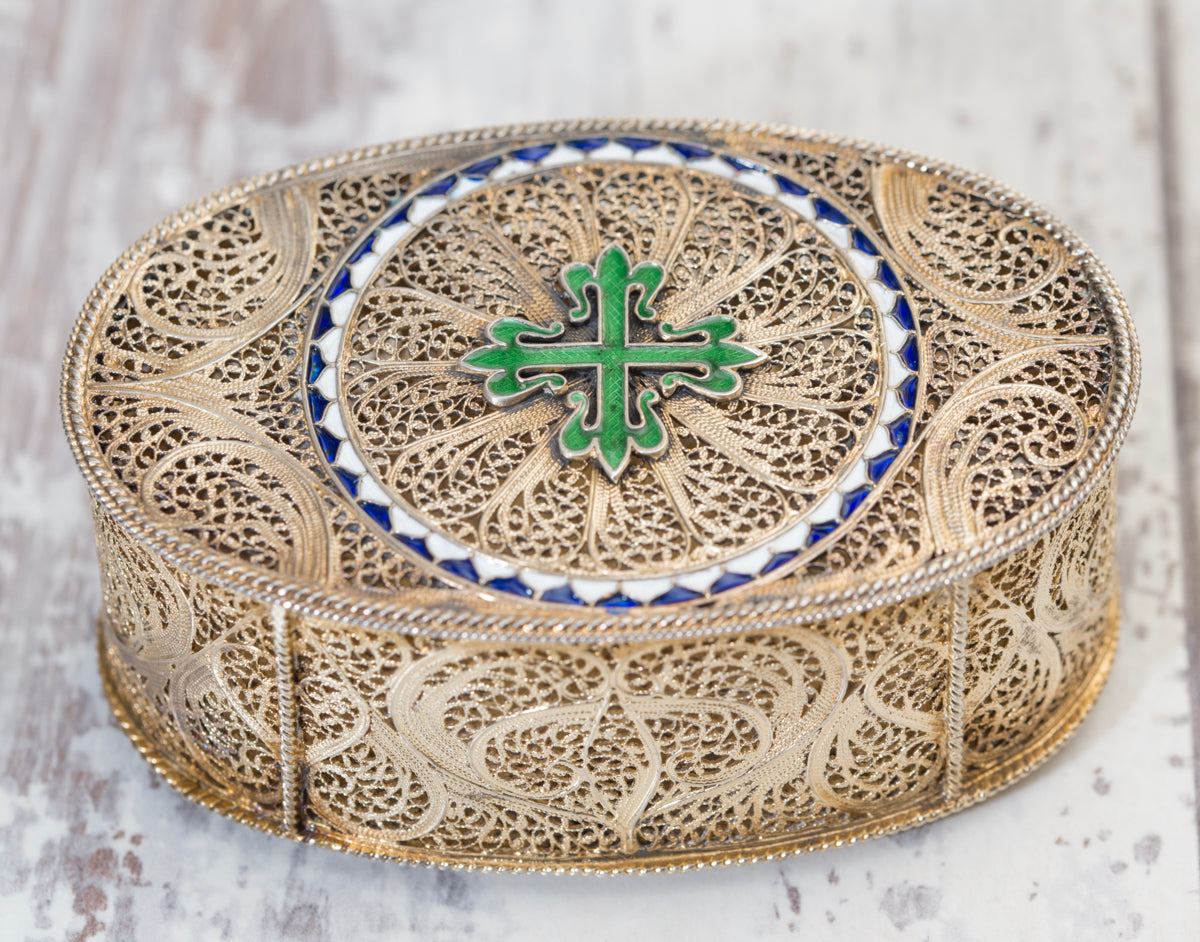 Exquisite Antique Silver Gilt .830 Filigree & Enamel Jewel Box Portugal (A2041)