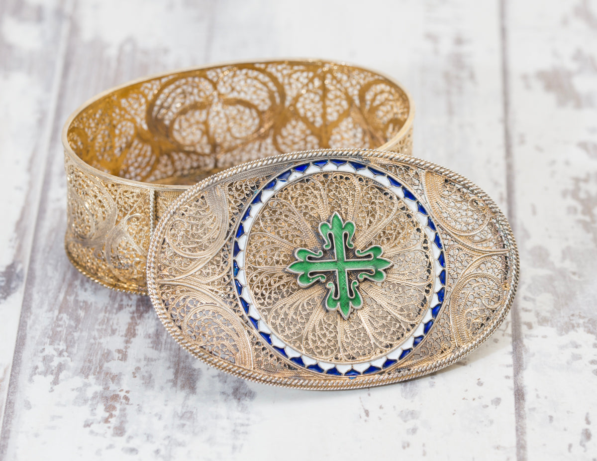 Exquisite Antique Silver Gilt .830 Filigree & Enamel Jewel Box Portugal (A2041)