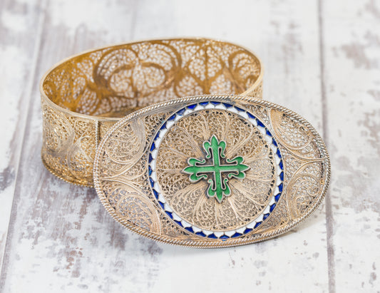 Exquisite Antique Silver Gilt .830 Filigree & Enamel Jewel Box Portugal (A2041)