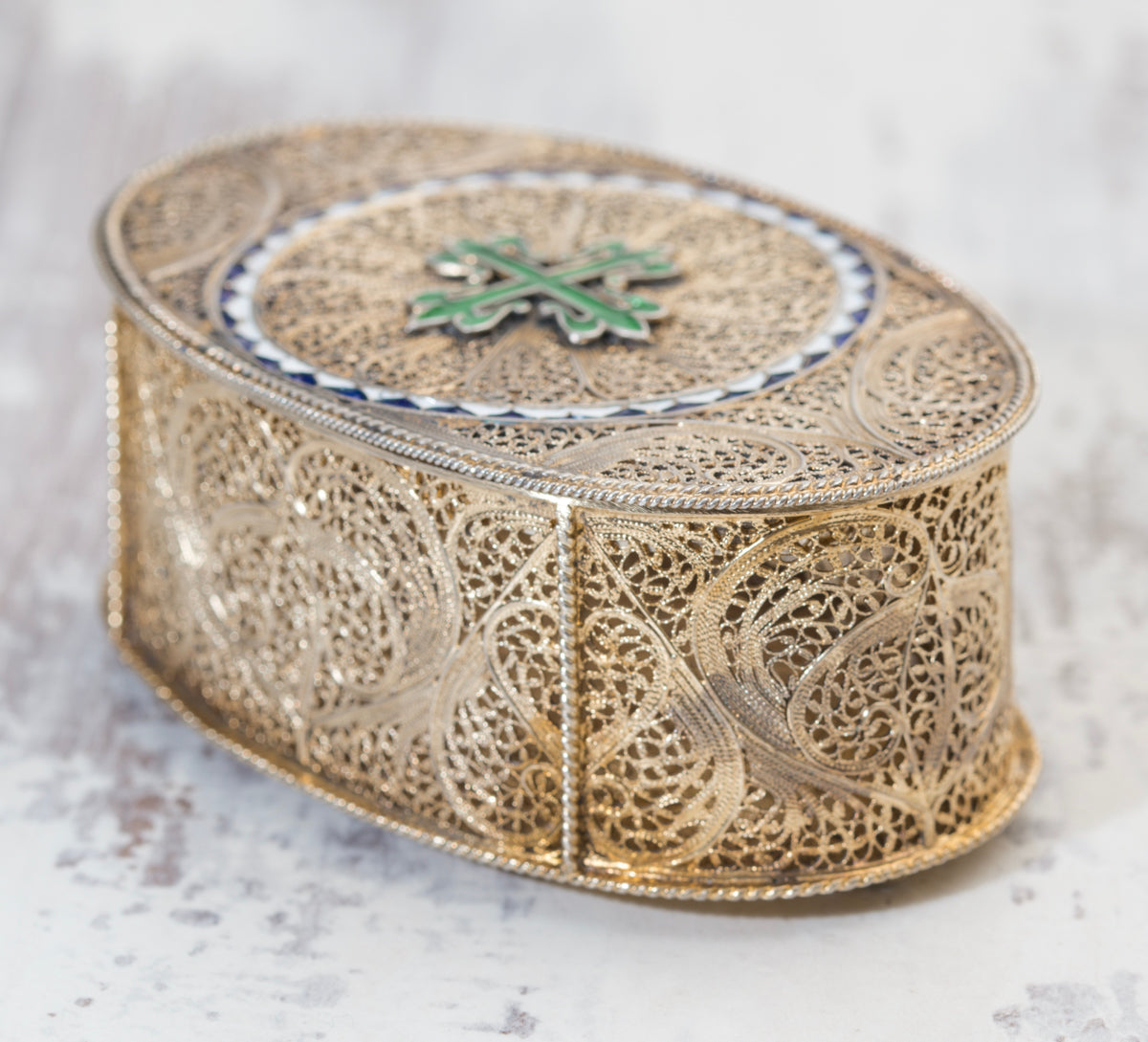Exquisite Antique Silver Gilt .830 Filigree & Enamel Jewel Box Portugal (A2041)