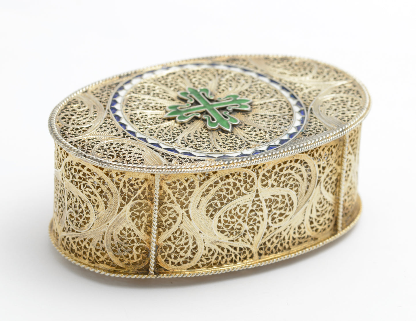 Exquisite Antique Silver Gilt .830 Filigree & Enamel Jewel Box Portugal (A2041)