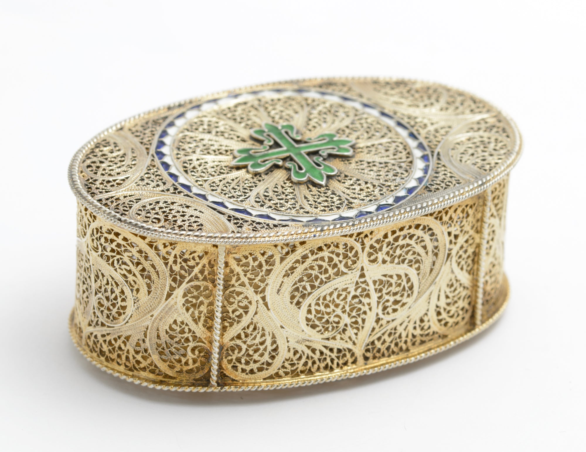 Exquisite Antique Silver Gilt .830 Filigree & Enamel Jewel Box Portugal (A2041)