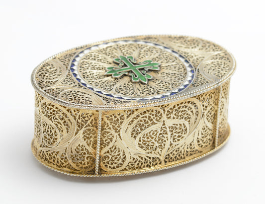 Exquisite Antique Silver Gilt .830 Filigree & Enamel Jewel Box Portugal (A2041)