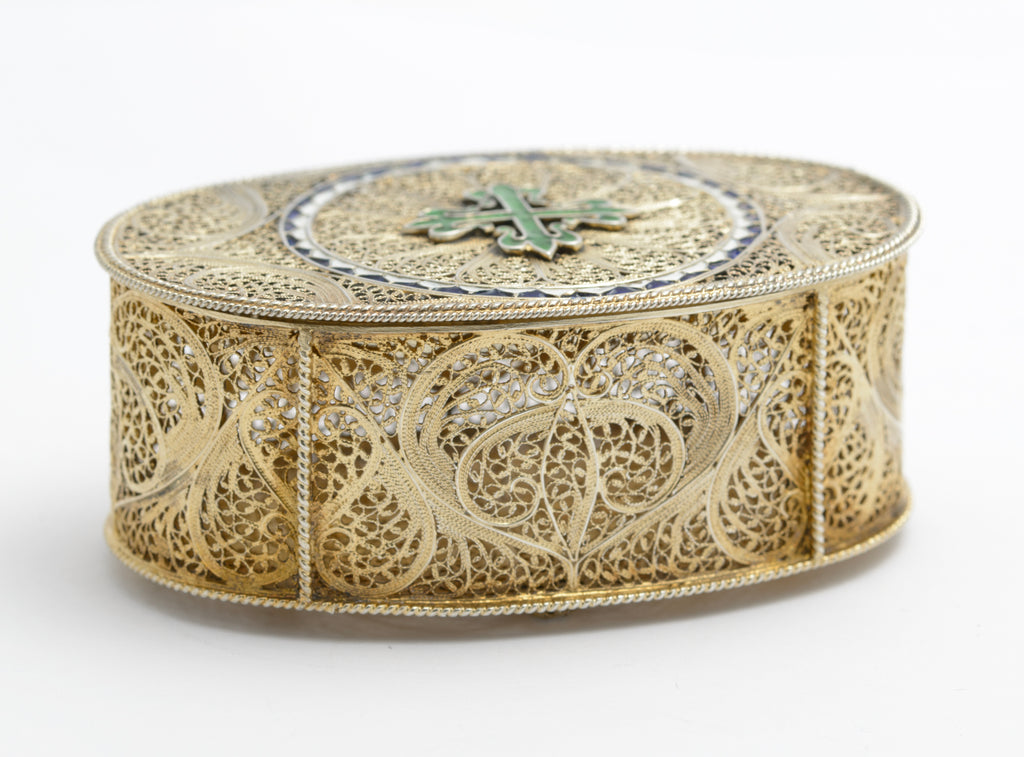 Exquisite Antique Silver Gilt .830 Filigree & Enamel Jewel Box Portugal (A2041)