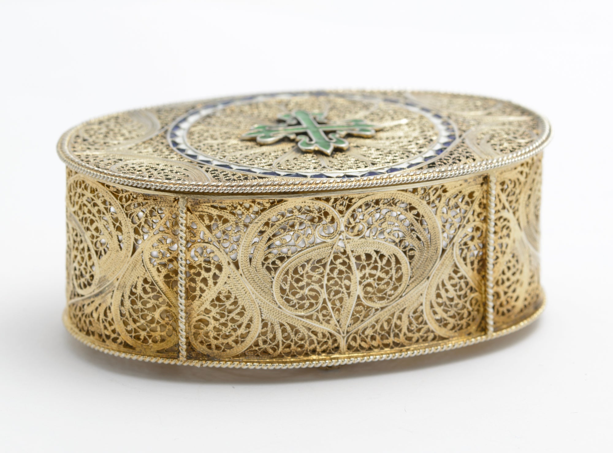 Exquisite Antique Silver Gilt .830 Filigree & Enamel Jewel Box Portugal (A2041)
