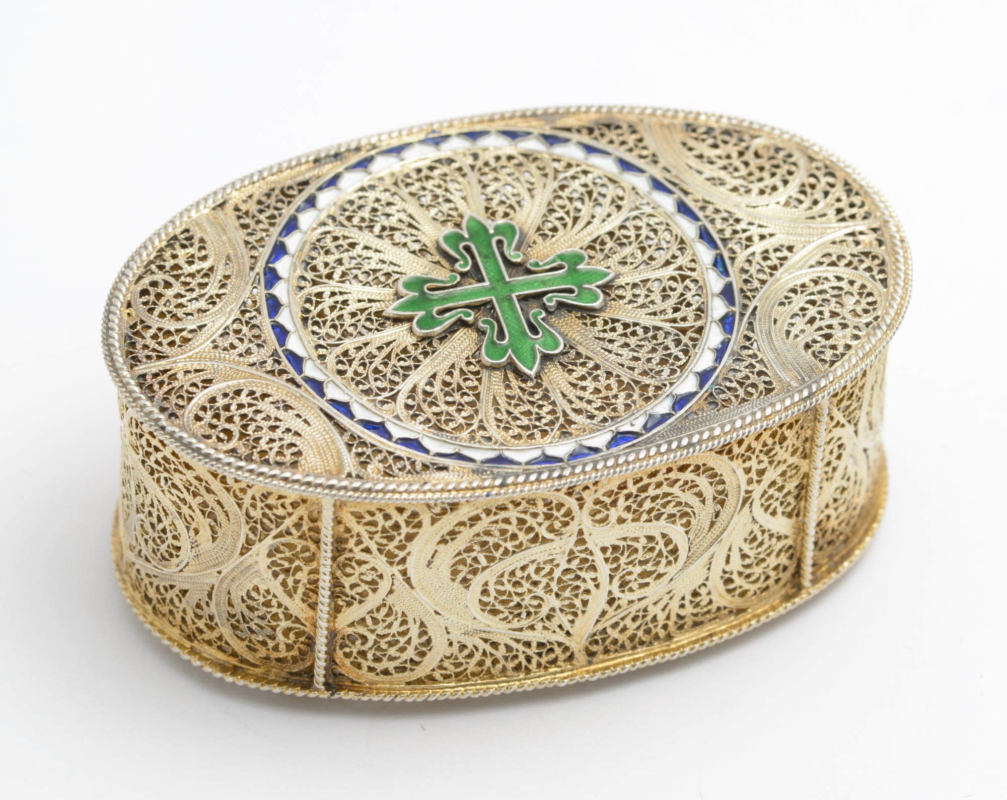 Exquisite Antique Silver Gilt .830 Filigree & Enamel Jewel Box Portugal (A2041)
