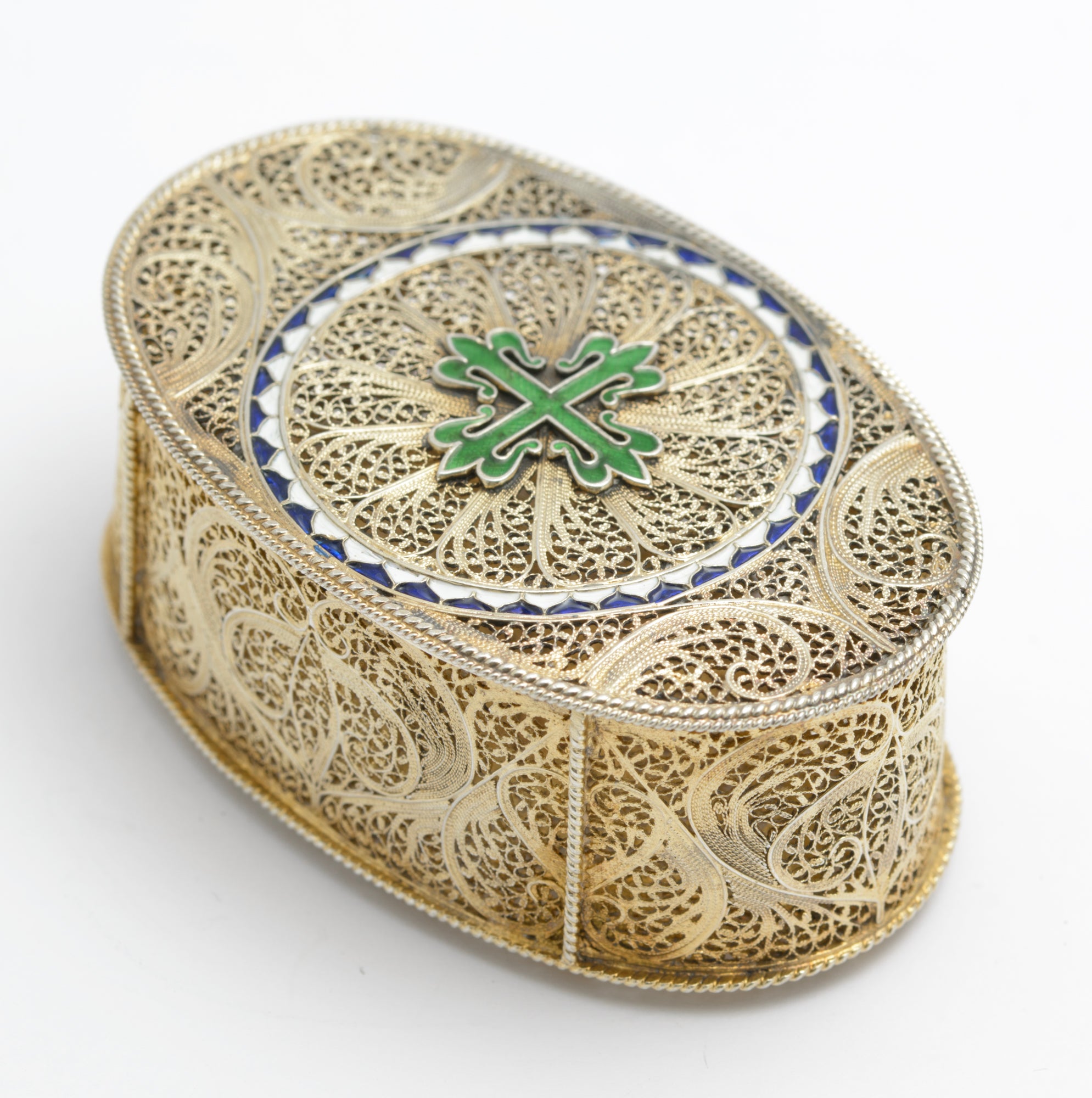 Exquisite Antique Silver Gilt .830 Filigree & Enamel Jewel Box Portugal (A2041)