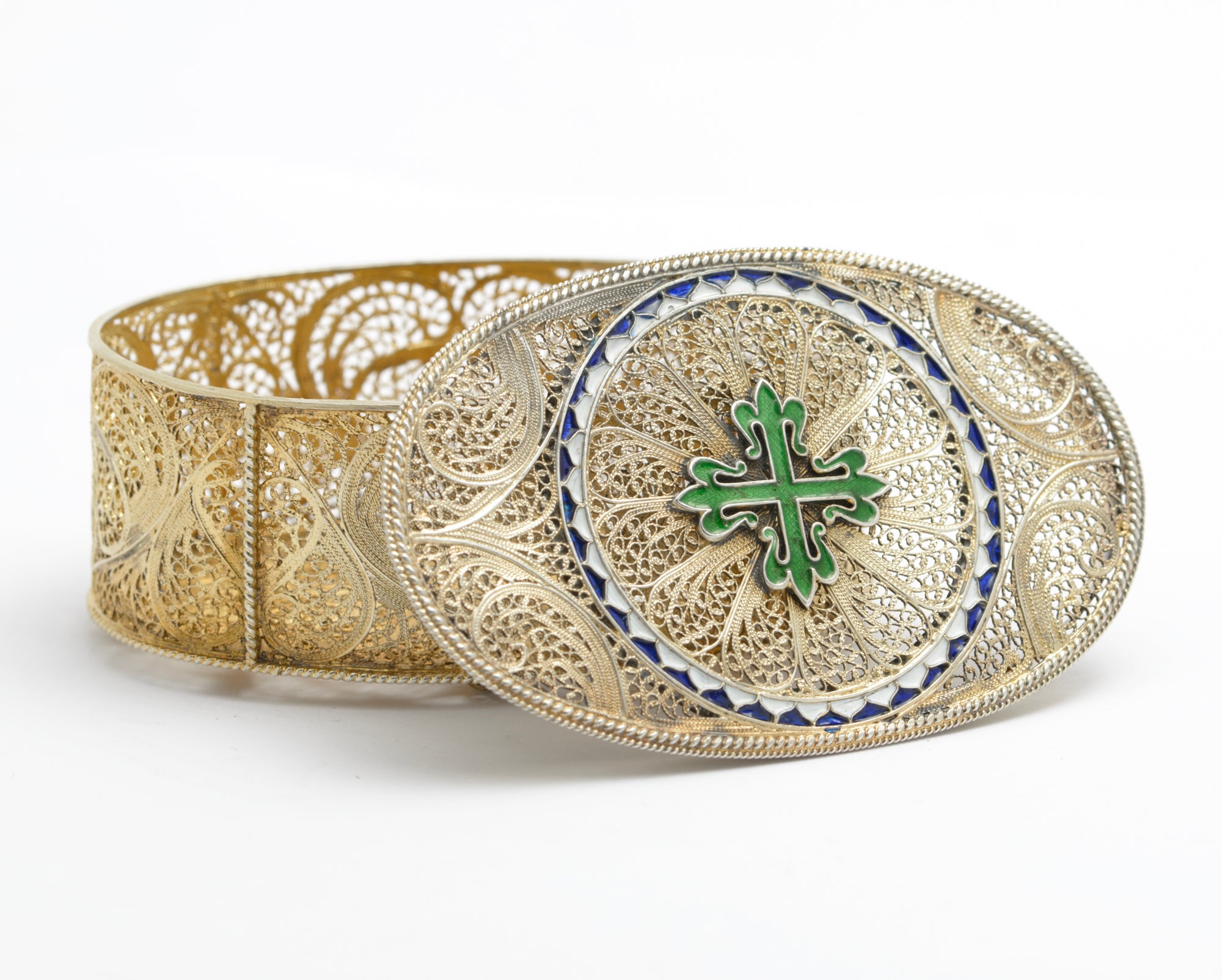 Exquisite Antique Silver Gilt .830 Filigree & Enamel Jewel Box Portugal (A2041)