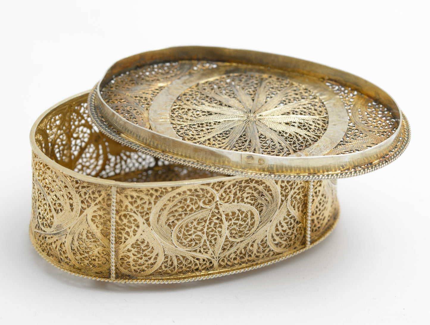 Exquisite Antique Silver Gilt .830 Filigree & Enamel Jewel Box Portugal (A2041)