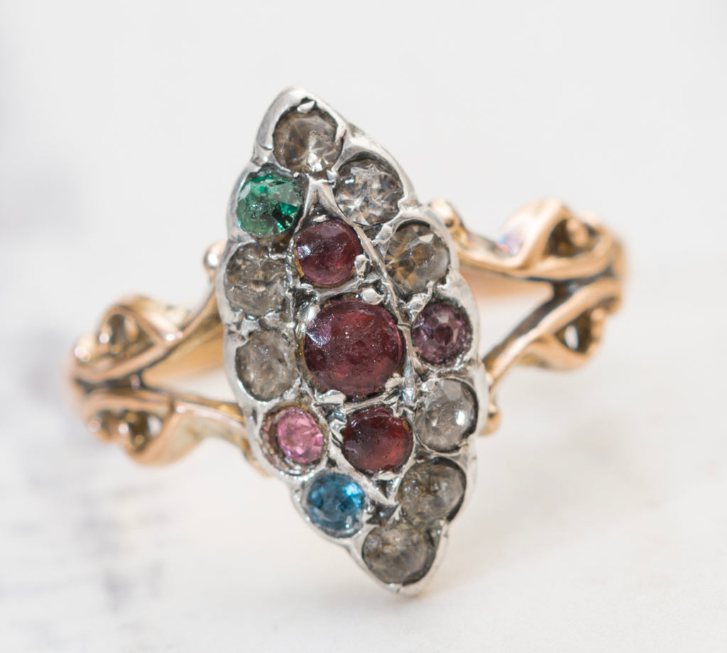 Antique Early Victorian 9ct Rose Gold & Silver Set Marquise Ring Multi Gem (A2053)