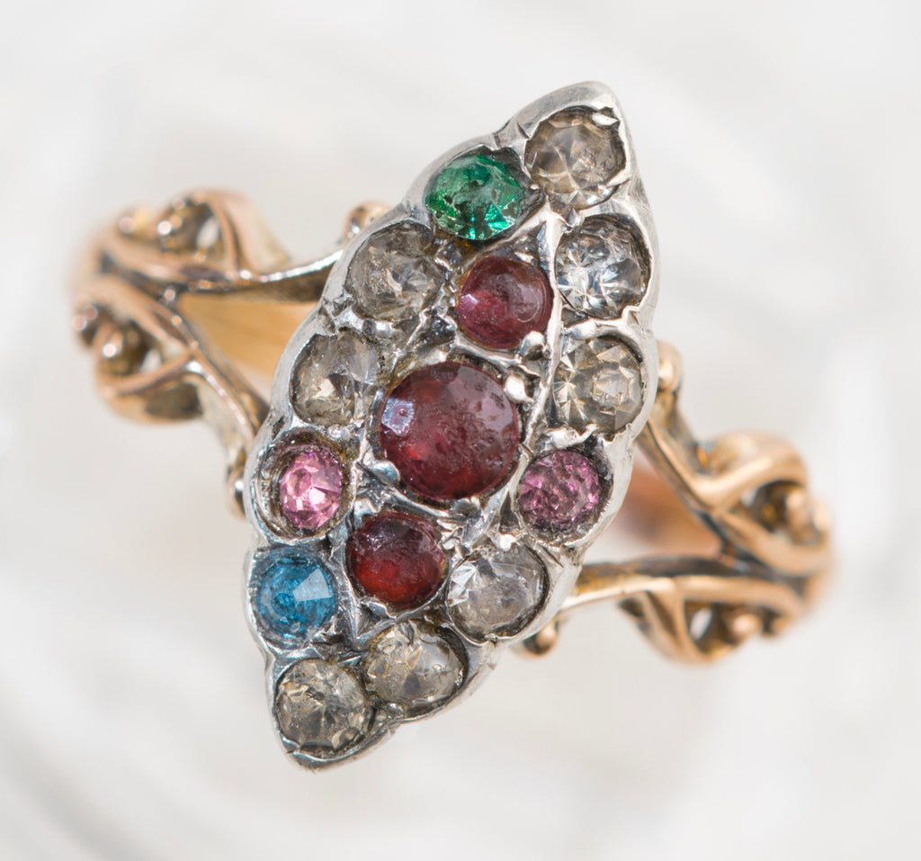 Antique Early Victorian 9ct Rose Gold & Silver Set Marquise Ring Multi Gem (A2053)