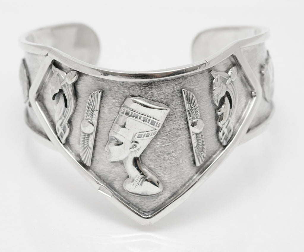 Vintage Egyptian Silver Cleopatra & Deity Cuff Bangle Arabic Hallmark .800 (A2075)
