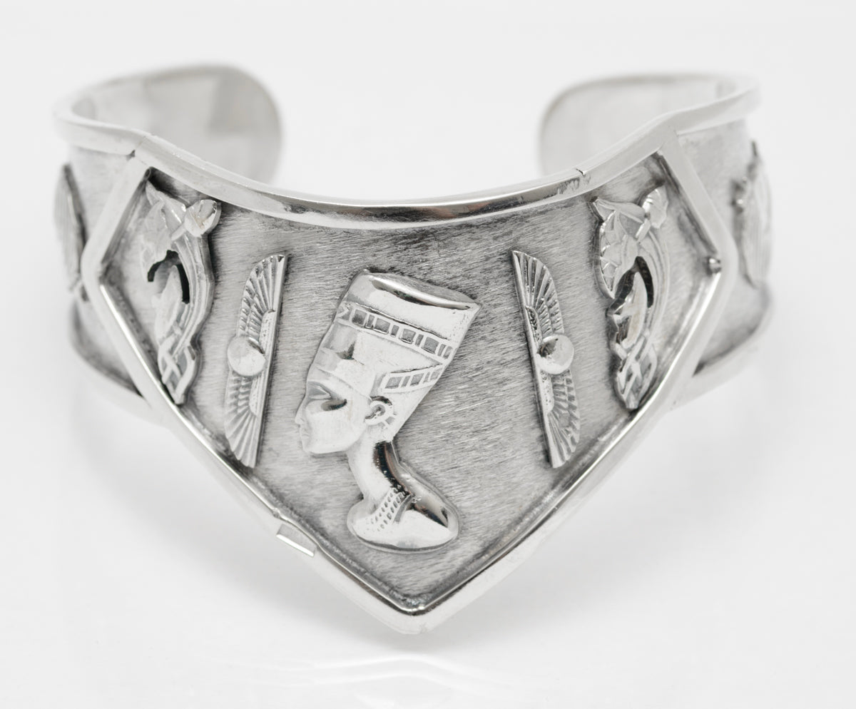 Vintage Egyptian Silver Cleopatra & Deity Cuff Bangle Arabic Hallmark .800 (A2075)