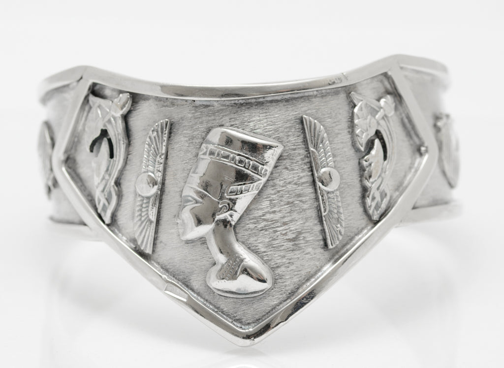 Vintage Egyptian Silver Cleopatra & Deity Cuff Bangle Arabic Hallmark .800 (A2075)