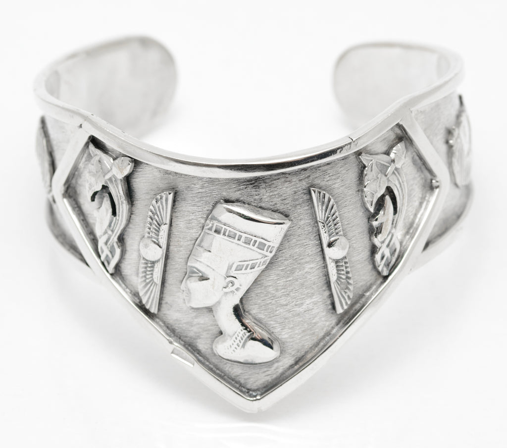Vintage Egyptian Silver Cleopatra & Deity Cuff Bangle Arabic Hallmark .800 (A2075)
