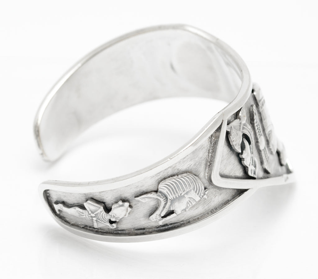 Vintage Egyptian Silver Cleopatra & Deity Cuff Bangle Arabic Hallmark .800 (A2075)