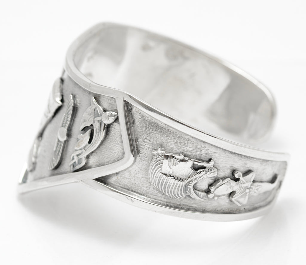 Vintage Egyptian Silver Cleopatra & Deity Cuff Bangle Arabic Hallmark .800 (A2075)