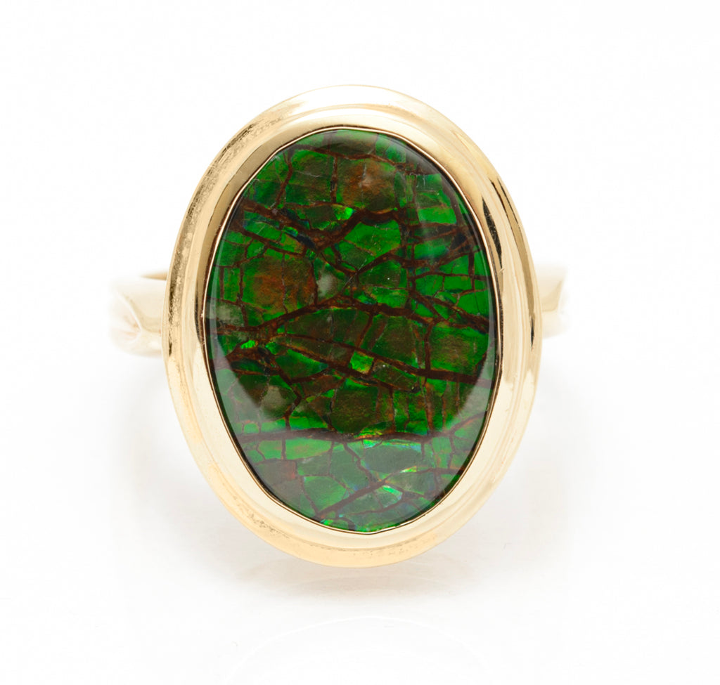 10K Yellow Gold & Canadian Ammolite Ring by Korite Large Oval Cabochon Size M1/2 (A2080)