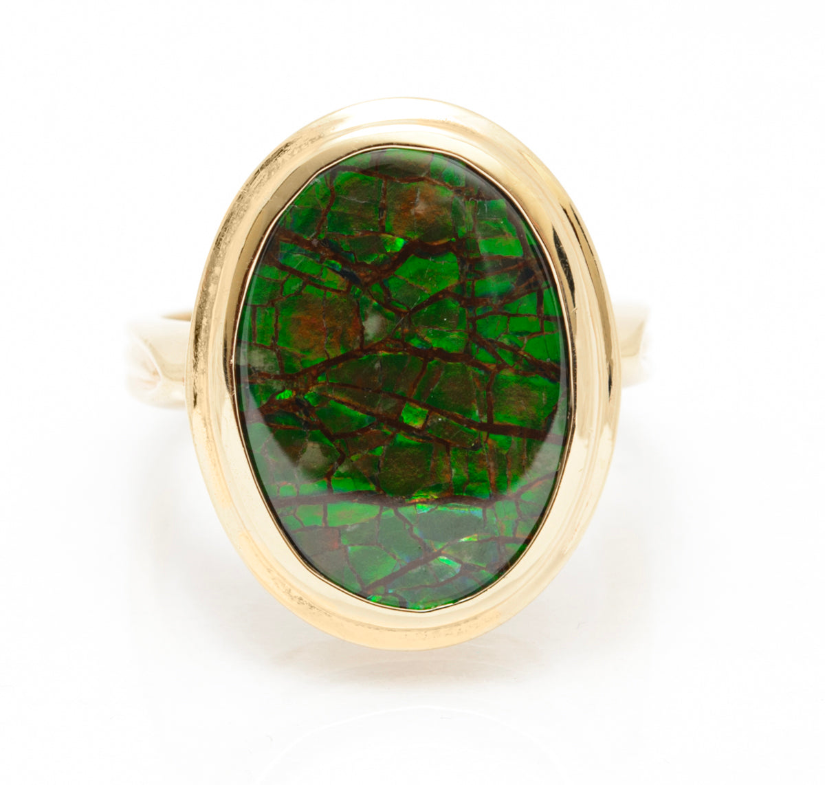 10K Yellow Gold & Canadian Ammolite Ring by Korite Large Oval Cabochon Size M1/2 (A2080)
