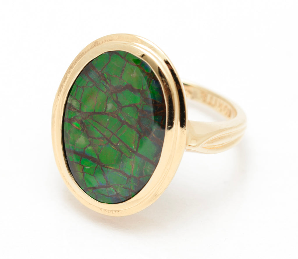 10K Yellow Gold & Canadian Ammolite Ring by Korite Large Oval Cabochon Size M1/2 (A2080)