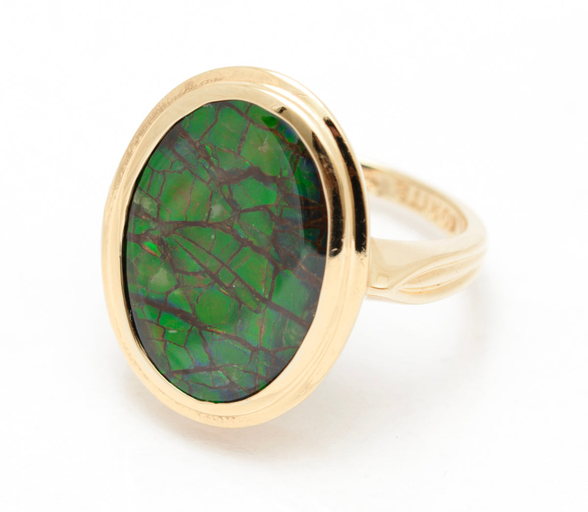 10K Yellow Gold & Canadian Ammolite Ring by Korite Large Oval Cabochon Size M1/2 (A2080)